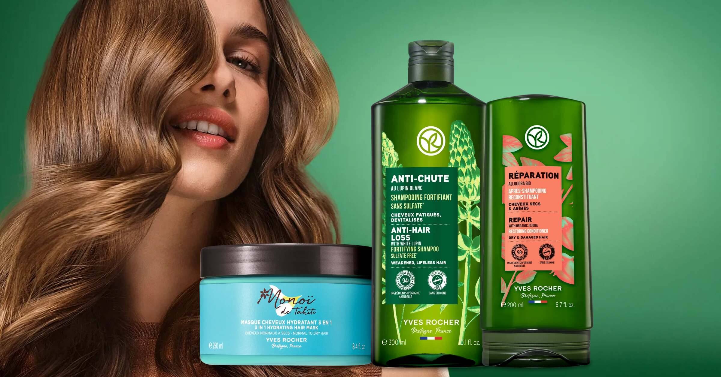 Vrouw met lang bruin haar en 3 Yves Rocher-producten