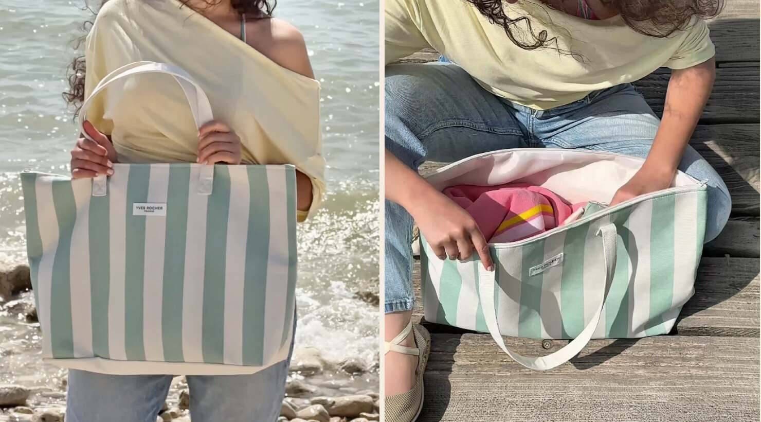 Vrouw die draagt gestreepte strandtas yves rocher